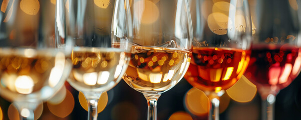 Close-up of wine glasses with various wines, illuminated backdrop.