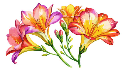 Fototapeta premium Freesia Flowers Watercolor Illustration on White or Transparent Background. Perfect for: Weddings, Mother’s Day, Graduation Celebrations