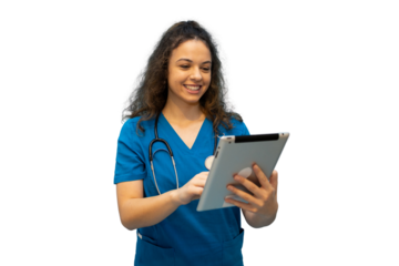 Smiling doctor using digital tablet with transparent background