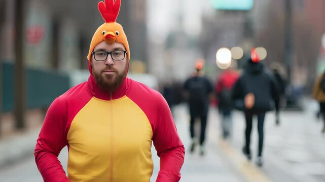 Man in Turkey Costume Jogging on Street During Thanksgiving Day Parade with Blurred Background and Festive Atmosphere