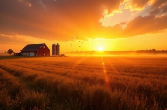 Serene sunset over rural farm landscape with red barn and silo