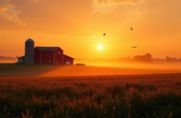 Fototapeta premium Idyllic sunset over red barn and silhouette birds in misty countryside