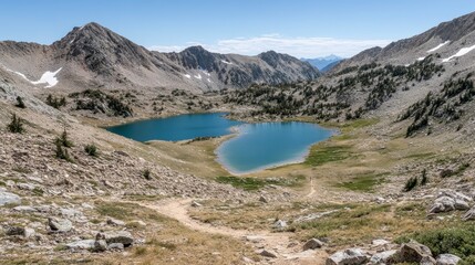 Obraz premium Scenic Hiking Trail to Hidden Lakes in Rugged Terrain