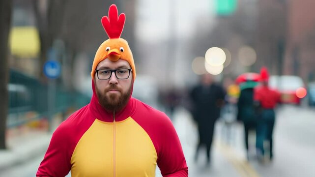 Man in Turkey Costume Jogging on Street During Thanksgiving Day Parade with Blurred Background and Festive Atmosphere