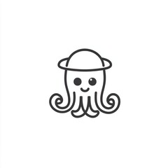 Adorable Space Octopus: Planet-headed cephalopod, minimalist line art, charming smile, white background.