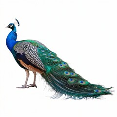 Obraz premium Vibrant Peacock with Colorful Plumage Isolated on White Background.