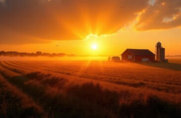 Fototapeta premium Breathtaking sunset over rural farm with silhouette of barn and silo