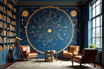 Elegant library with zodiac wall mural and telescope in classic interior design