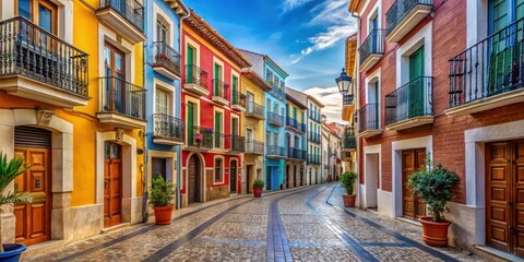 Fototapeta premium Historic cobblestone street lined with colorful traditional buildings and ornate balconies in Denia Spain