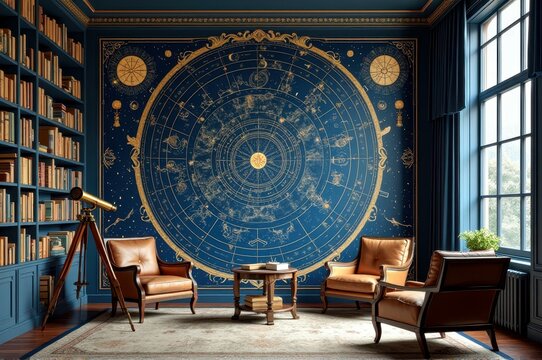 Elegant library with zodiac wall mural and telescope in classic interior design
