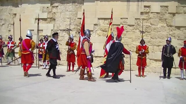 Garrison Commander inspects formation at In Guardia Medieval Costumed Historical Military Parade at the Fort St Elmo in Malta