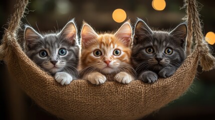 Three playful kittens lounging in a woven hammock surrounded by soft, warm lights in a cozy indoor setting