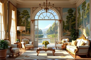 Fototapeta premium Elegant victorian living room with luxurious furniture and scenic river view