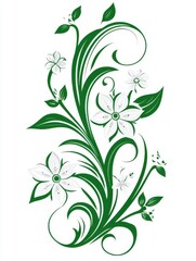 Decorative floral design with white flowers and green leaves on a white background.
