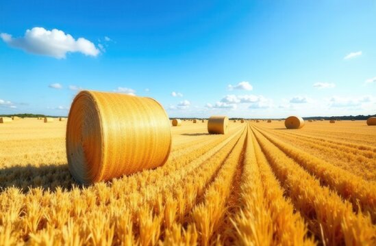 Golden hay bales in vast wheat field under bright blue sky
