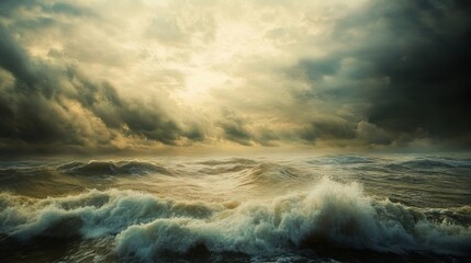 Obraz premium Dramatic Ocean Waves Under a Stormy and Moody Sky at Sunset