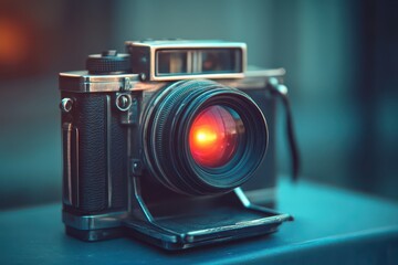Vintage camera on a table with glowing lens effect