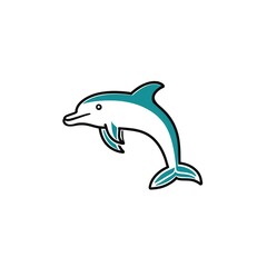 Fototapeta premium Oceanic grace: A playful dolphin leaps, teal hues against a pristine white backdrop. Minimalist line art design.