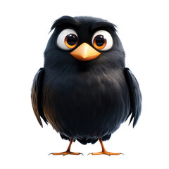 Fototapeta premium Cartoon black bird character with large eyes and orange beak isolated on transparent background, PNG