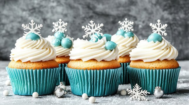 Delicious cupcakes adorned with festive decorations on a textured background.