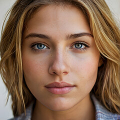 Obraz premium Beauty in Blue: Close-up portrait of a young woman with striking blue eyes, captivating the viewer with her direct gaze, highlighting the natural beauty of the subject