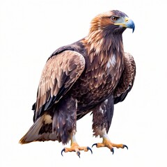Obraz premium Majestic Eagle with Golden Feathers and Dark Wings Standing Upright Isolated on White Background.