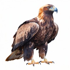 Obraz premium Majestic Eagle with Golden Feathers and Dark Wings Standing Upright Isolated on White Background.