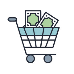 Shopping cart filled with cash symbolizes wealth and abundance