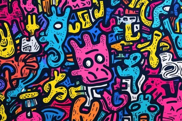 A colorful drawing of various cartoon faces and animals