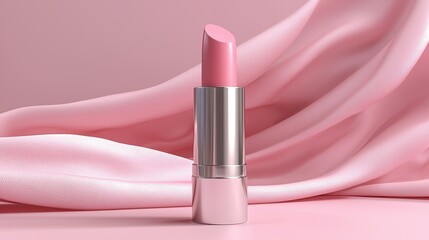 Pink Lipstick Elegant with Silver Tube Against Soft Pink Fabric Background