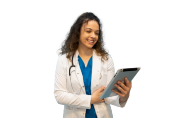 Smiling doctor using digital tablet with transparent background