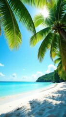 Obraz premium Sun-drenched palms, white sand beach, turquoise sea , vibrant, bright