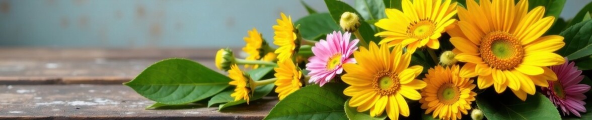 Fototapeta premium Sunflowers and daisies in a hand-tied bouquet , yellow, beautiful