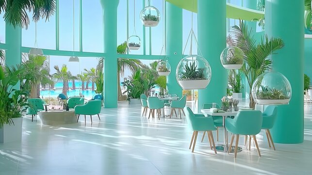Chic dining area with tropical decor and vibrant turquoise furniture by a sunny pool.
