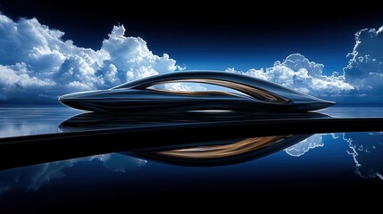Obraz premium Futuristic vehicle design against a serene sky and water backdrop.