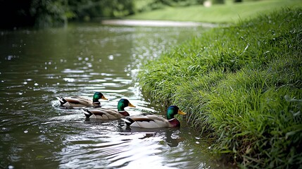 Colorful ducks swim peacefully in a serene pond surrounded by lush greenery on a sunny afternoon