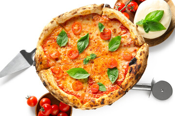Tasty pizza Margarita with basil leaves and tomatoes on white background