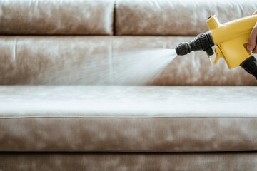 Cleaning upholstery using a yellow steam cleaner in a modern living room during the afternoon