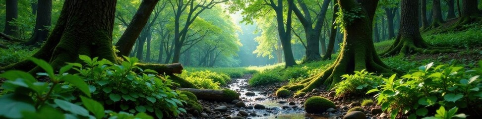 Obraz premium Muddy forest landscape with old growth trees and overgrown ferns, vegetation, grunge, nature