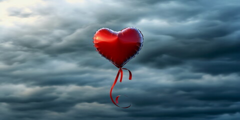 A heart-shaped balloon tied with a ribbon, floating gently, digital illustration
