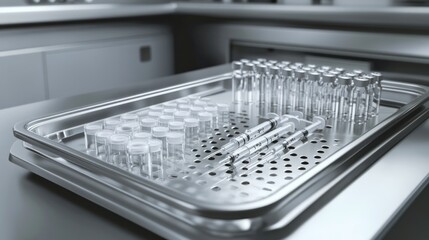 Close Up of Syringe and Vial on Stainless Steel Tray in examination room