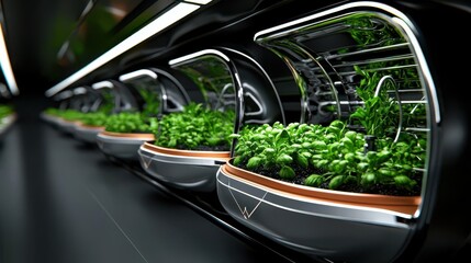 Innovative vertical garden systems with fresh green plants on display.