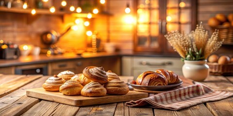 Aromatic pastries on a wooden table with a blurred background of a cozy kitchen, warm lighting