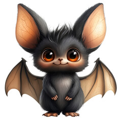 Fototapeta premium Cute cartoon bat character standing with big ears and sparkling eyes isolated on transparent background, PNG