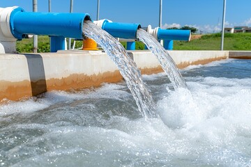 Blue Pipes Pumping Water into Concrete Basin in Bright Sunlight