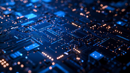 Fototapeta premium Close-up of Circuit Board with Blue and Orange Lights