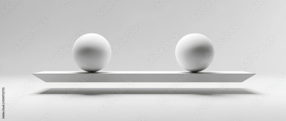 Fototapete Balance between two white spheres on a minimalistic shelf set against a gray background in a 3D rendering