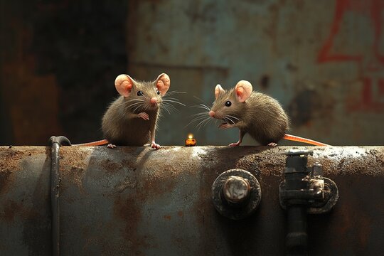 Two curious mice exploring a rusty pipe in an abandoned industrial setting during daytime