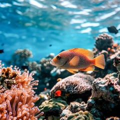 Obraz premium Freckled hawkfish swimming over a coral reef in the ocean