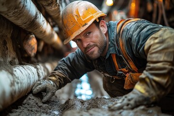 Fototapeta premium Determined worker navigating muddy space, showcasing grit and de